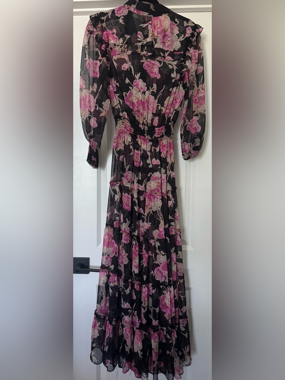 Misa Los Angeles Black Maxi Dress with Pink Floral Print and Cream Accents